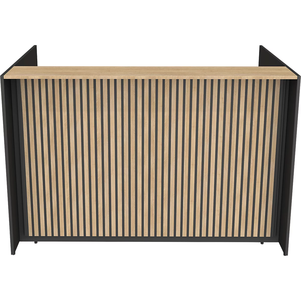 Een toonbank met verticale houten lamellen en een zwart frame. De bovenkant is licht hout.