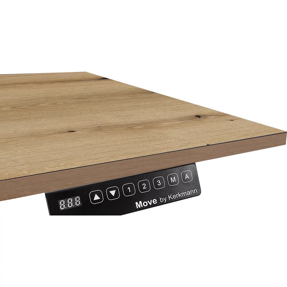 Close-up van een houten tafelblad met bedieningselementen. De knoppen tonen instellingen en het opschrift 'Move by Kerkmann'.