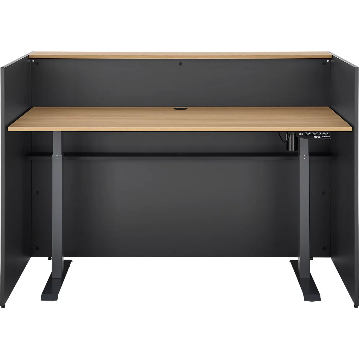 Een grijze bureau met een houten blad en zwart frame. Het bureau is ingebed in een grijze box.