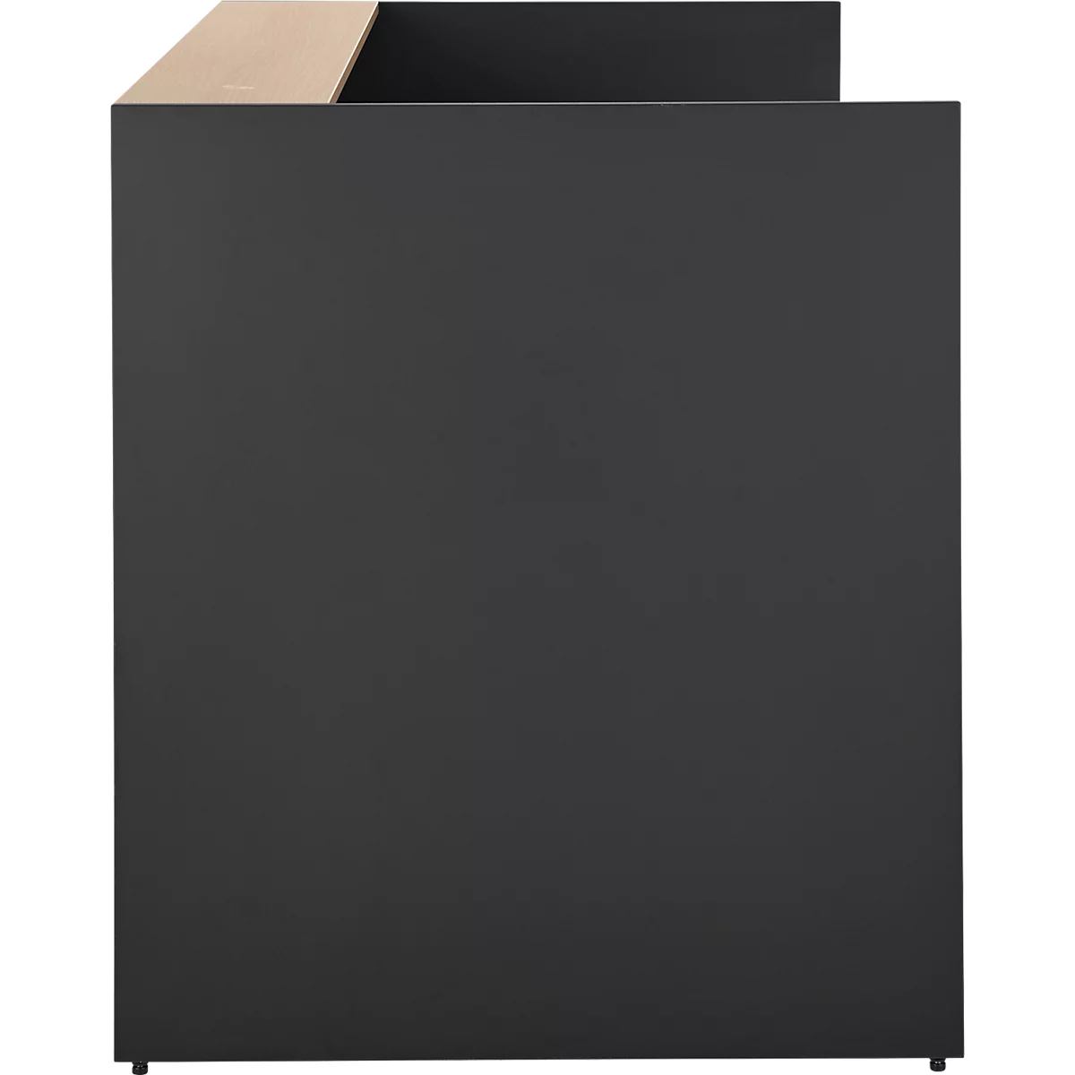 Een zwart bureau met een lichtbruin tafelblad en kleine poten.