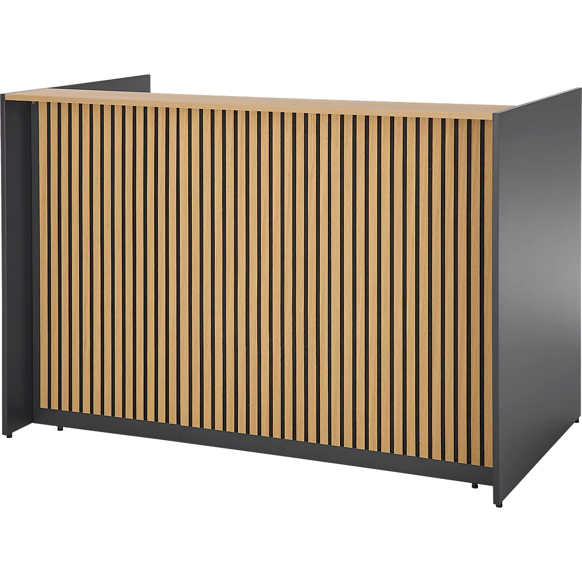 Moderne receptie met lamellenwand van hout. Zij-elementen en basis in donkergrijs.