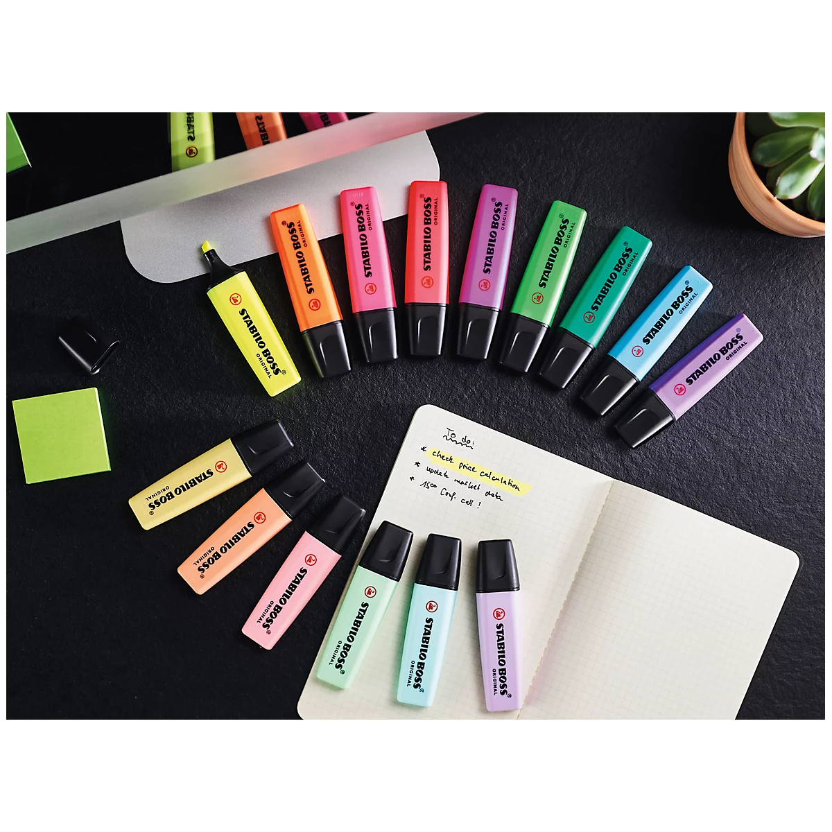 Markeerstift Stabilo Boss Original, 15 stuks, met standaard, lijndikte 2-5 mm