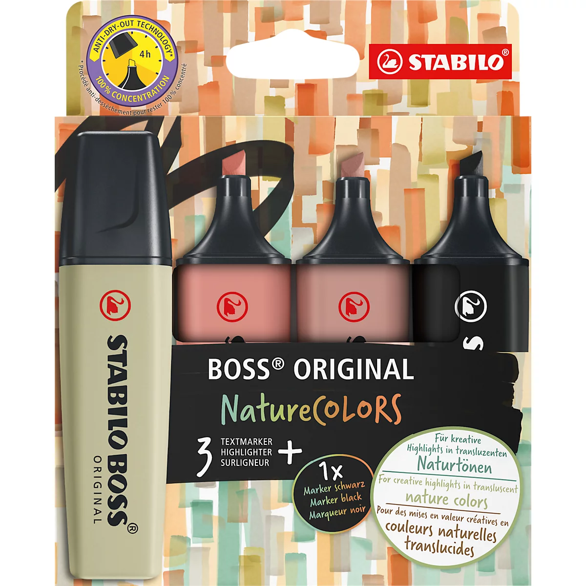 Markeerstift STABILO® BOSS Original NatureCOLORS, wigvormige punt, lichtecht, sneldrogend, geassorteerde kleuren, 4 stuks