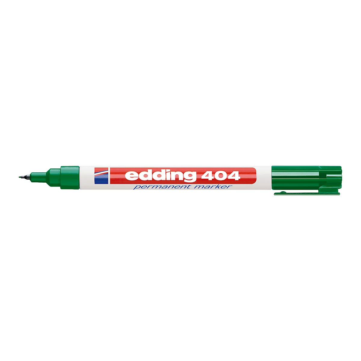 Green Edding 404 felt-tip pen, part of the cap removed. The product name is visible.