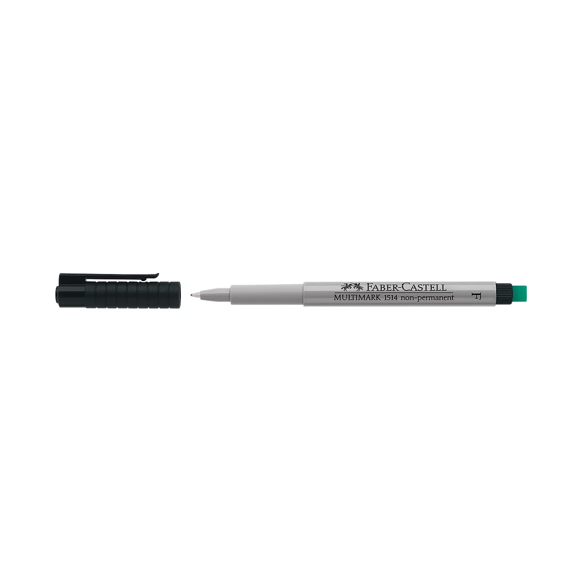 Close-up of a Faber Castell Multimark permanent marker. The pen is silver-gray, with a green end and a black cap.