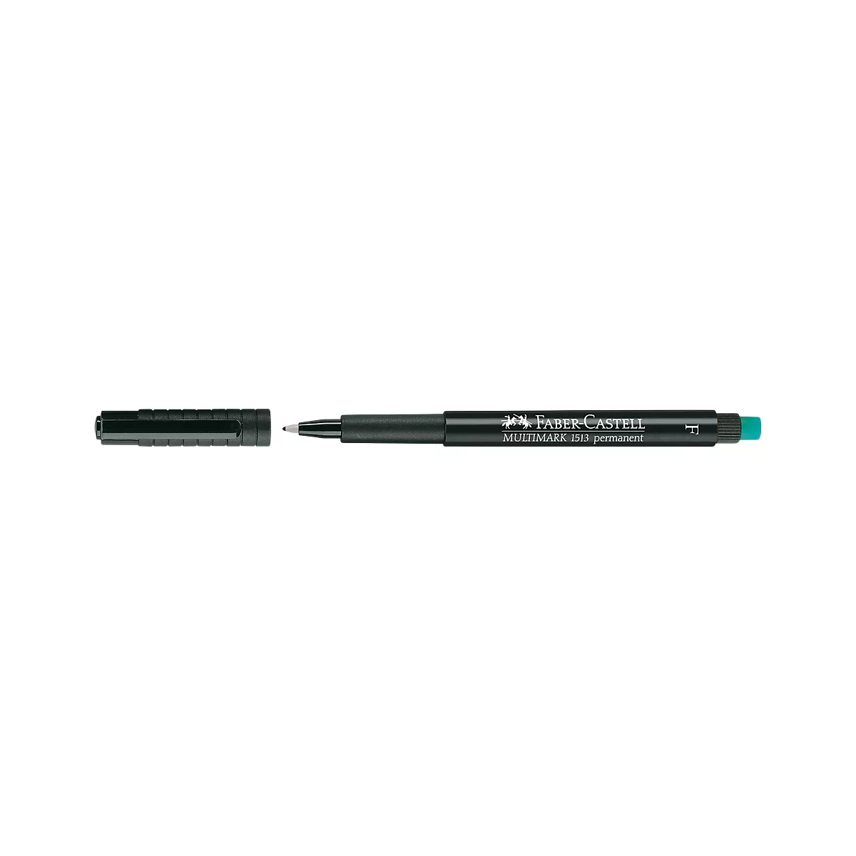 Close-up of a black Faber-Castell permanent marker with green cap and removed cap.
