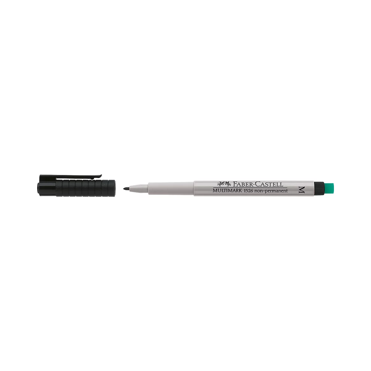 A silver Faber-Castell Multimark pen with a black cap, tip, and green end.