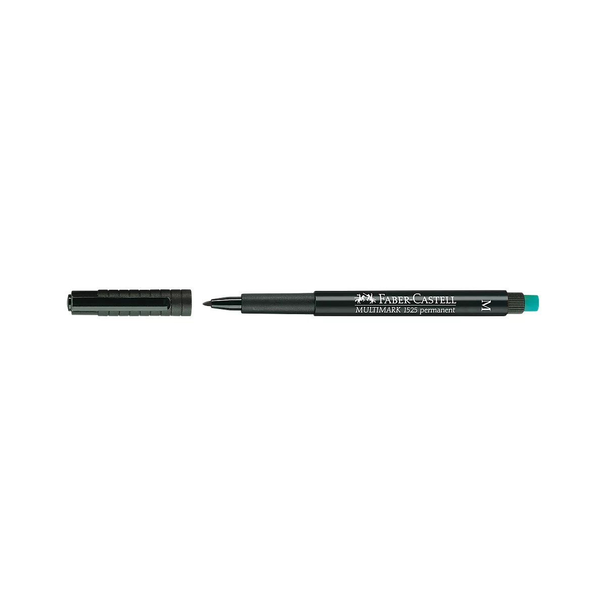 A black Faber-Castell felt-tip pen with a green tip and open cap.