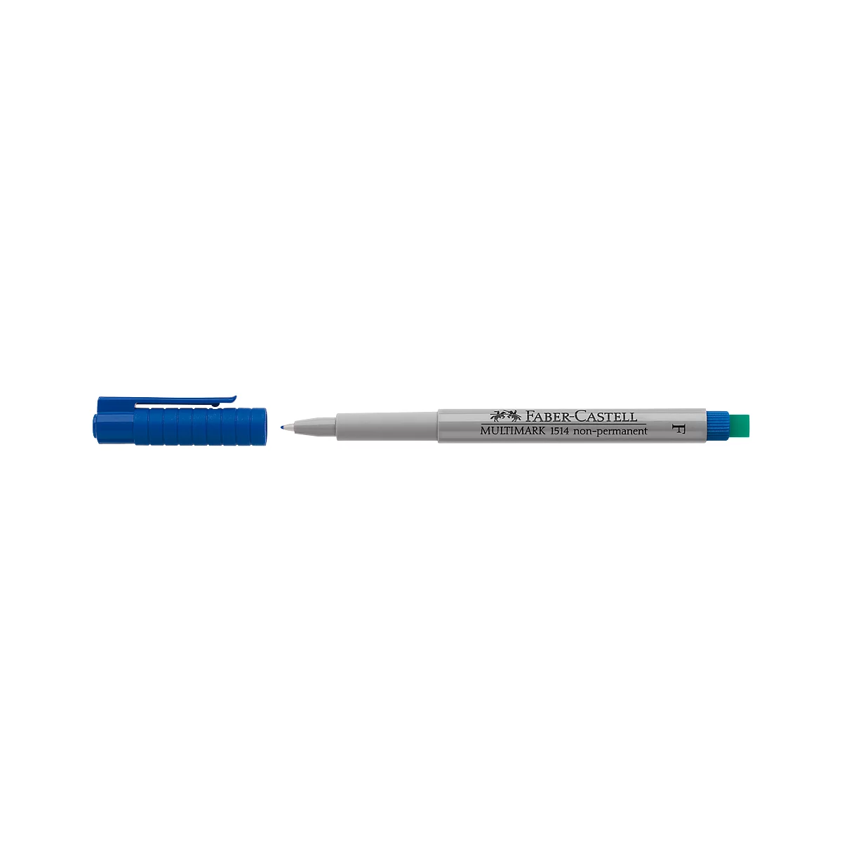 Close-up of a blue Faber-Castell Multimark pen. The blue cap is shown at the top, the pen body is grey, the tip is a point.