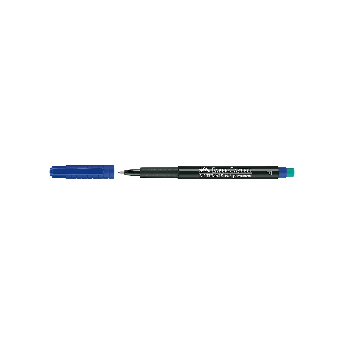 Close-up of a black felt-tip pen with a blue pen base and company logo.