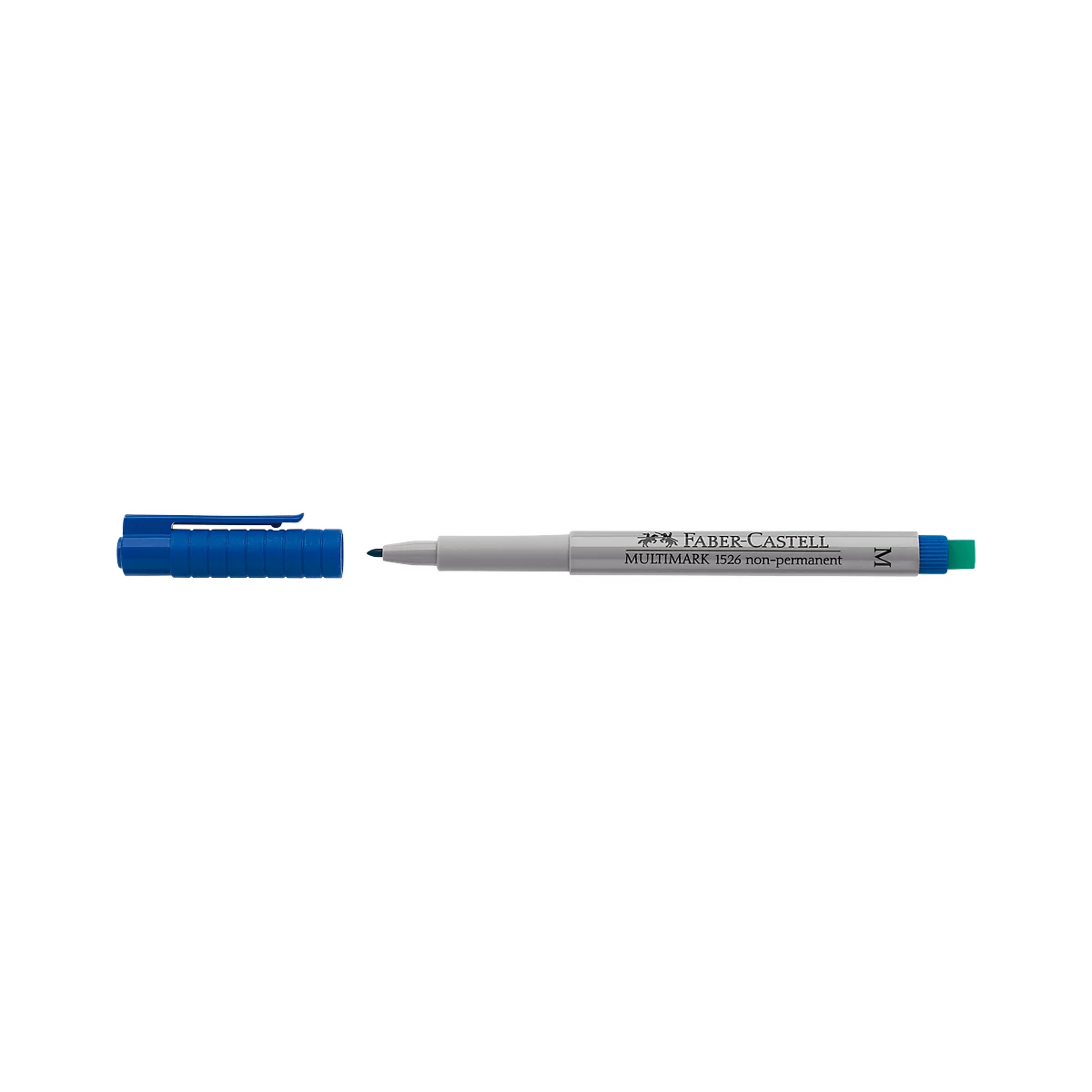 A blue marker with cap. The marker is gray, with Faber Castell on it. The tip is black.