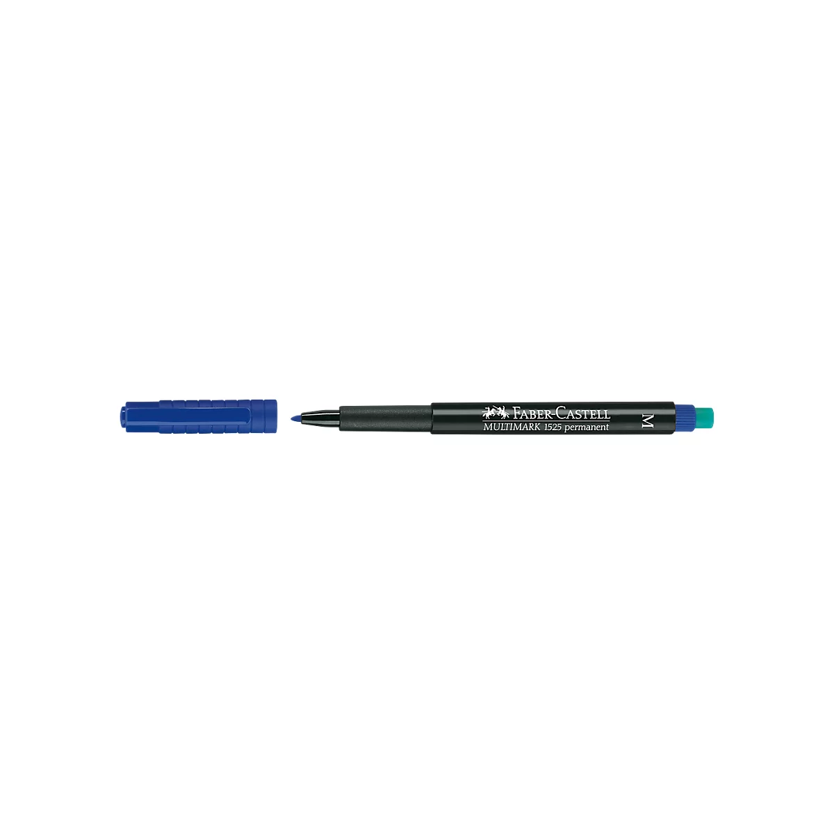 A Faber-Castell Multimark 1525 permanent marker, black with blue cap and blue-green marking at the end.
