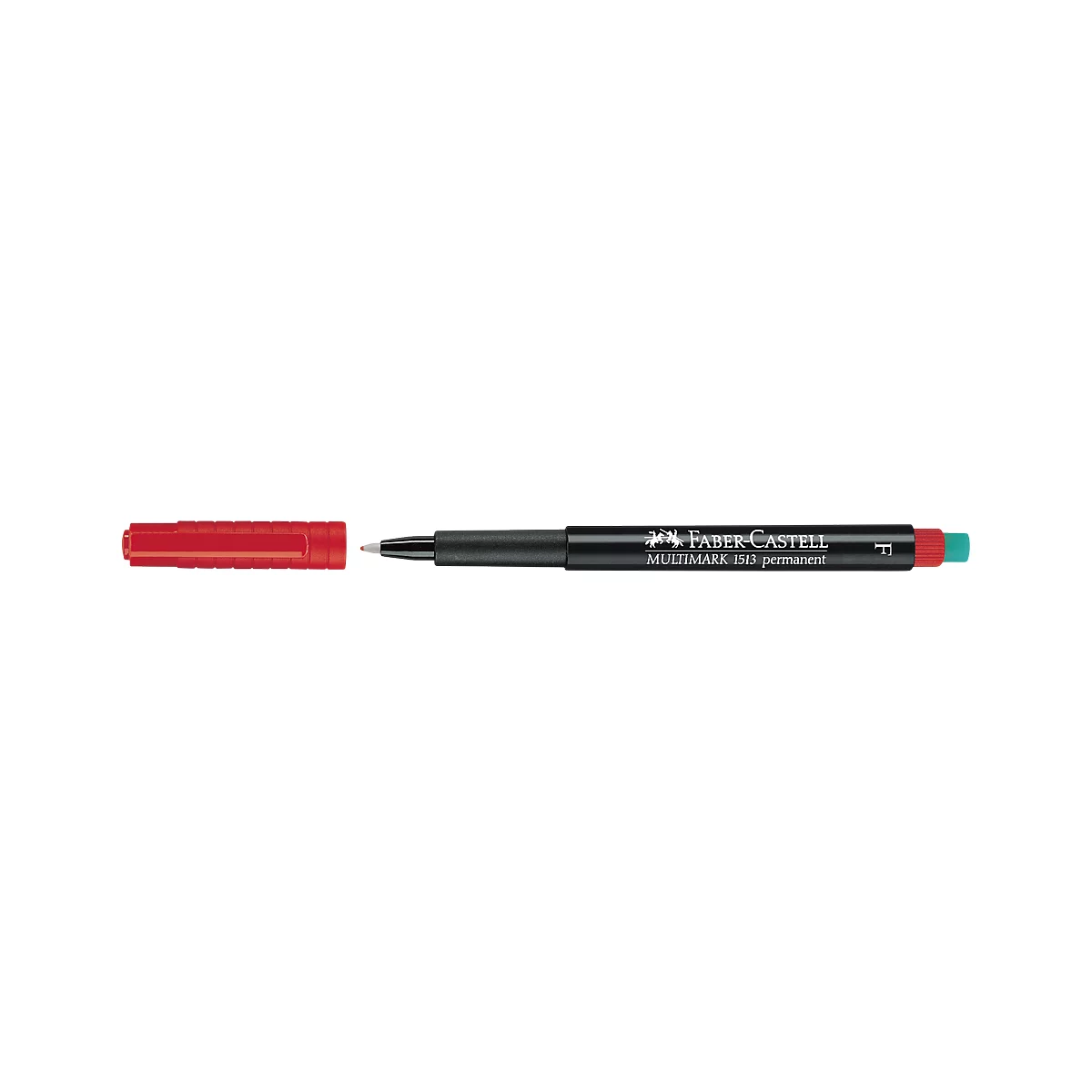 A red Faber-Castell Multimark permanent marker with the cap open.