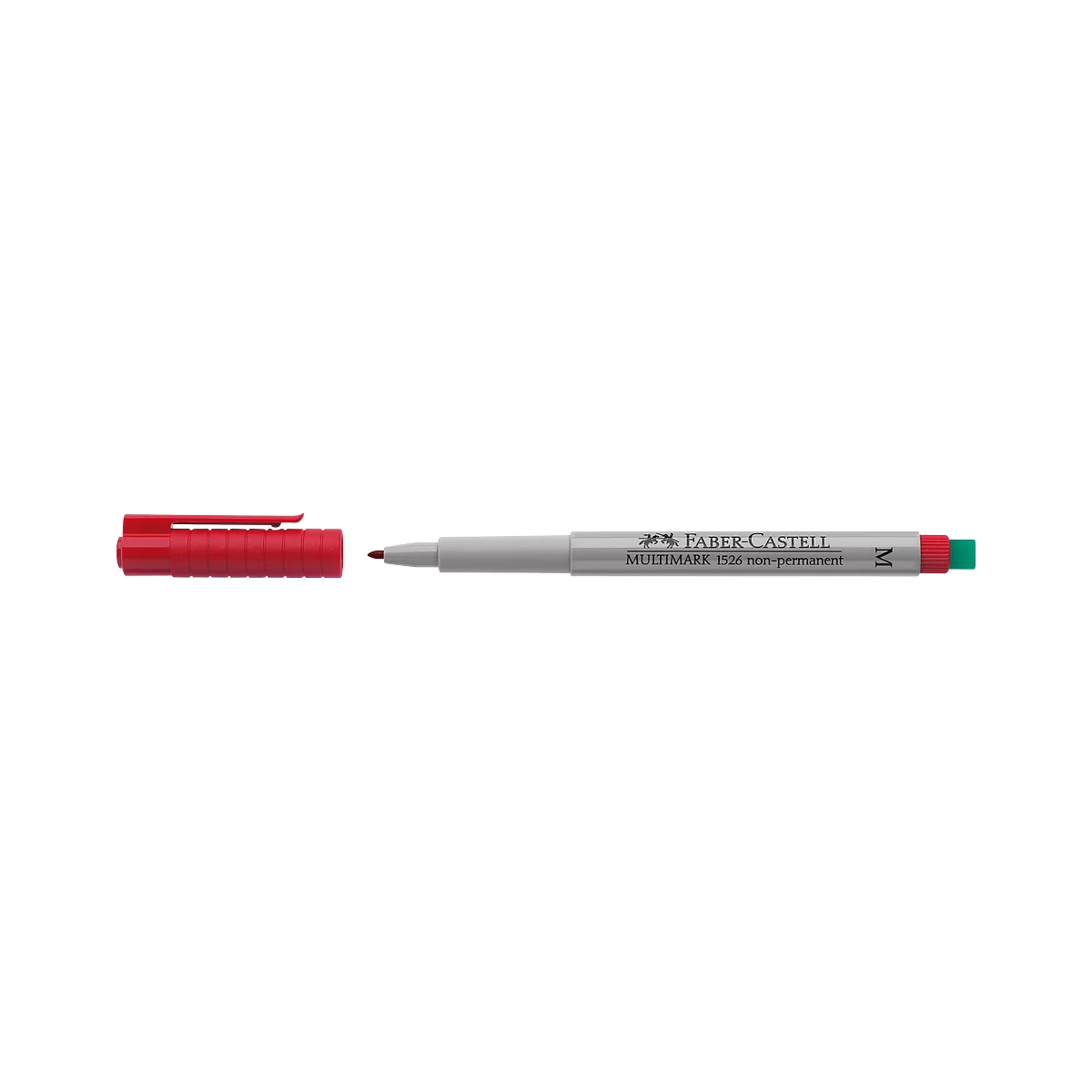 A red and gray felt-tip pen from Faber-Castell, with the cap open.
