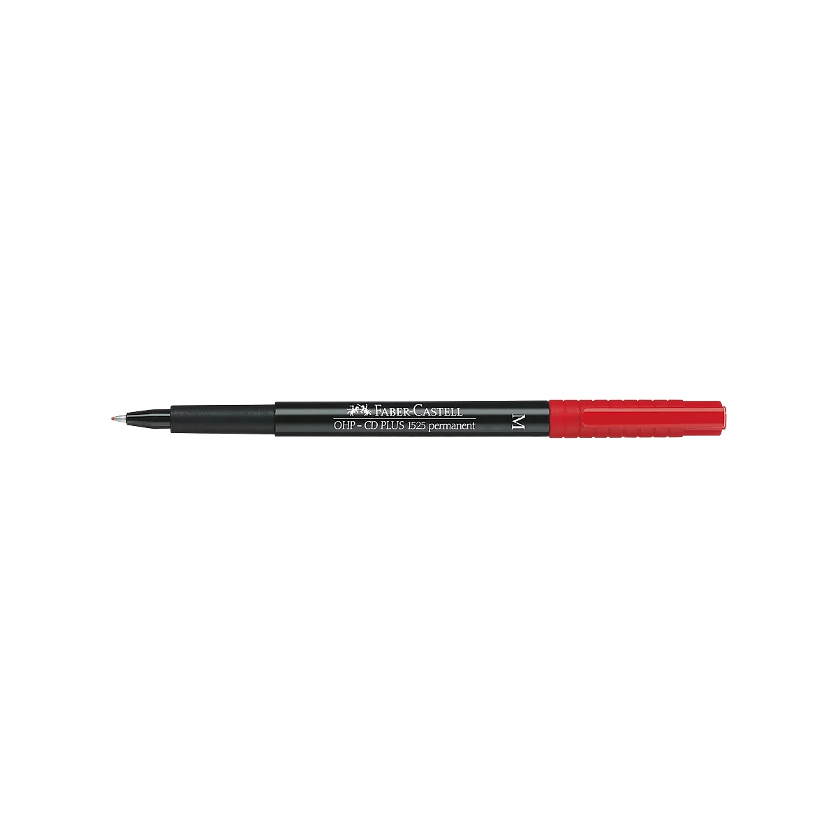 A red marker by Faber-Castell, partially labeled. Black shaft, red tip.