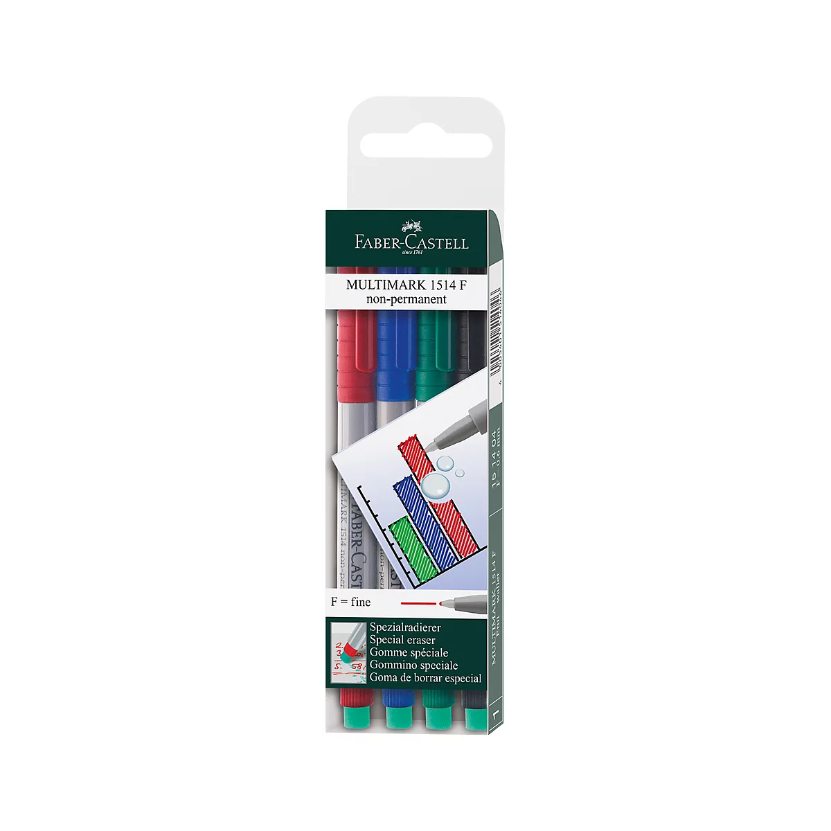 Faber-Castell marker set. Red, blue, and green markers are in a package, with text and a diagram.