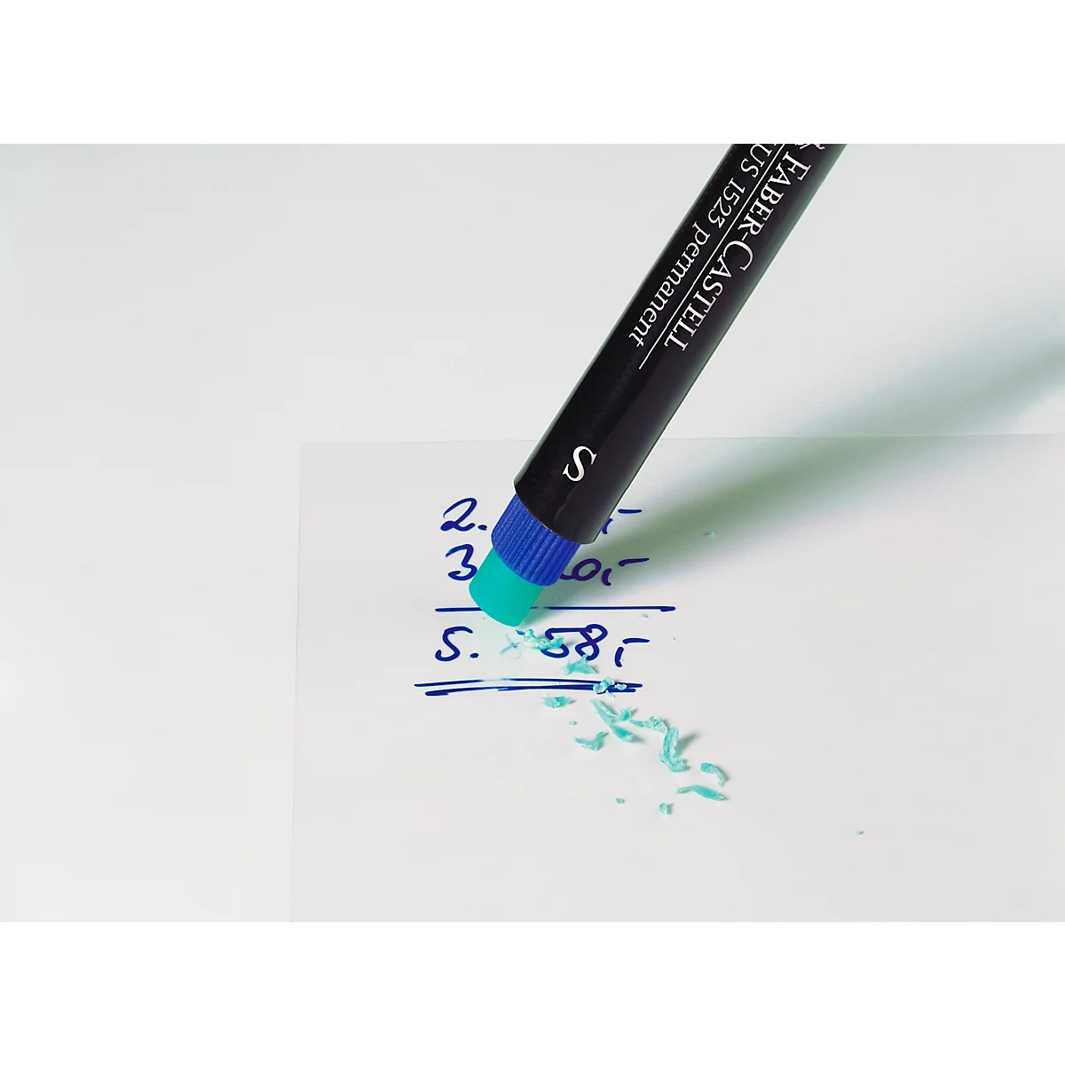 A pen is erasing blue ink from a sheet of paper. There are numbers on the paper.