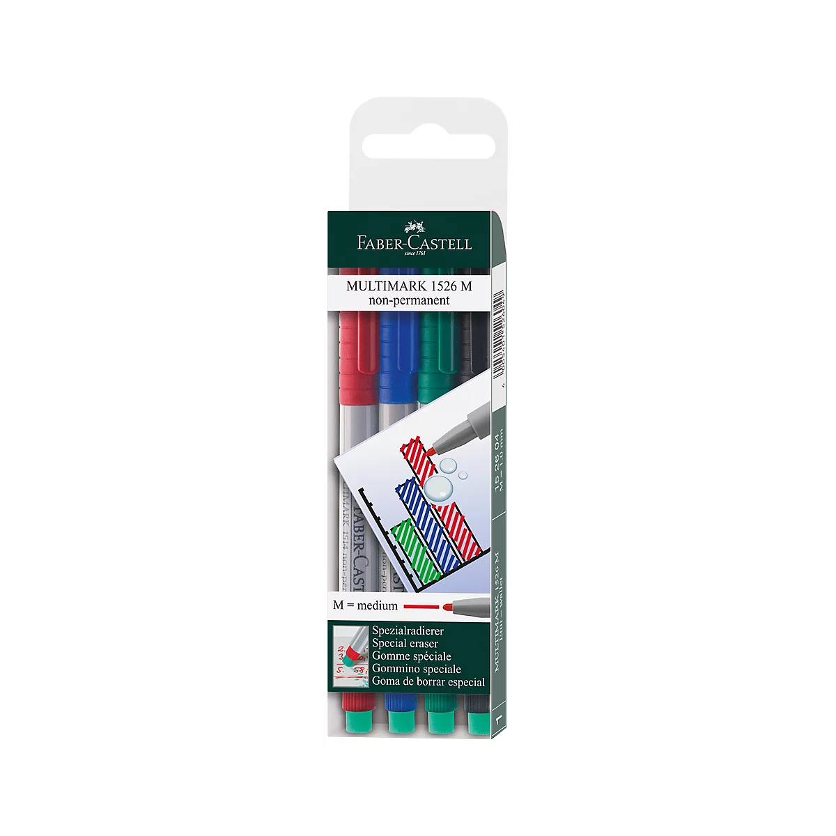 Packaging of Faber-Castell Multimark pens. Red, blue, green, and black. Printed: Special eraser, non-permanent.