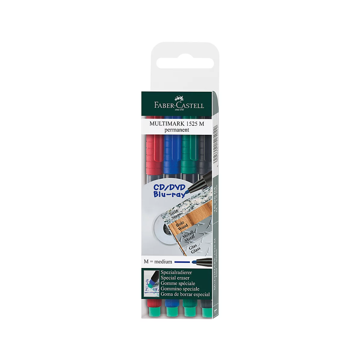 Packaging of Faber-Castell Multimark permanent markers. Showing red, blue, green, and black pens, a DVD, and labels.