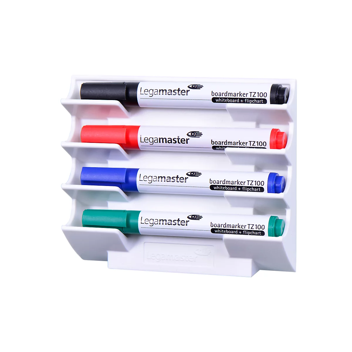 Four colored Legamaster board markers in a white holder. Colors: black, red, blue, green.