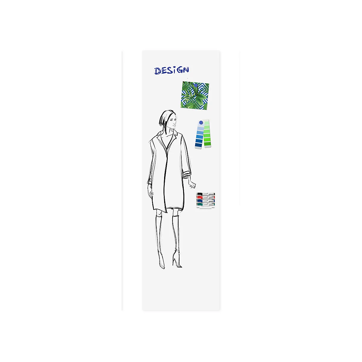 Fashion design illustration. A woman in a coat, with patterns and color palettes next to her.