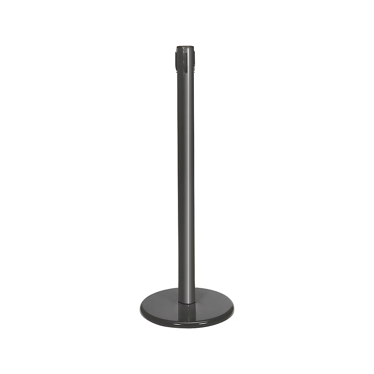 A grey stanchion with a round base. The post has a cylindrical shape and a recess at the top.
