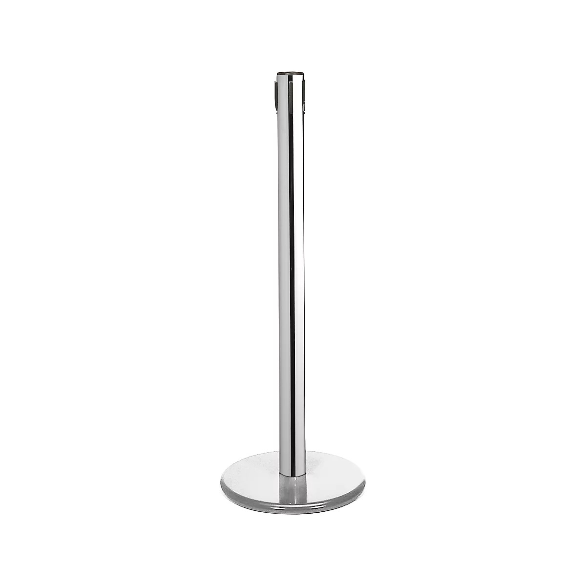 A polished, shiny metal stanchion with a round base.