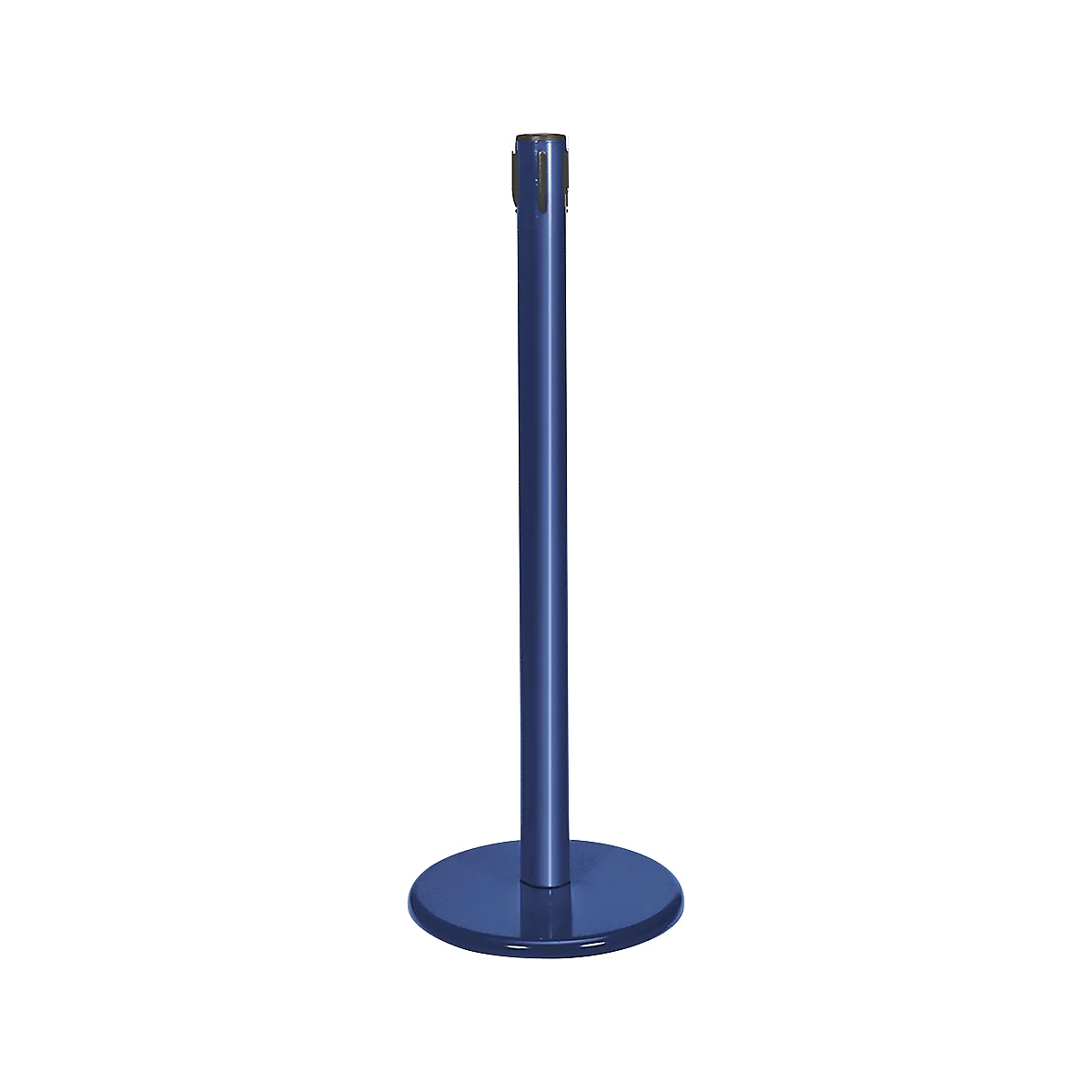 Blue stanchion with round base. Upright, ideal for queues or barriers.