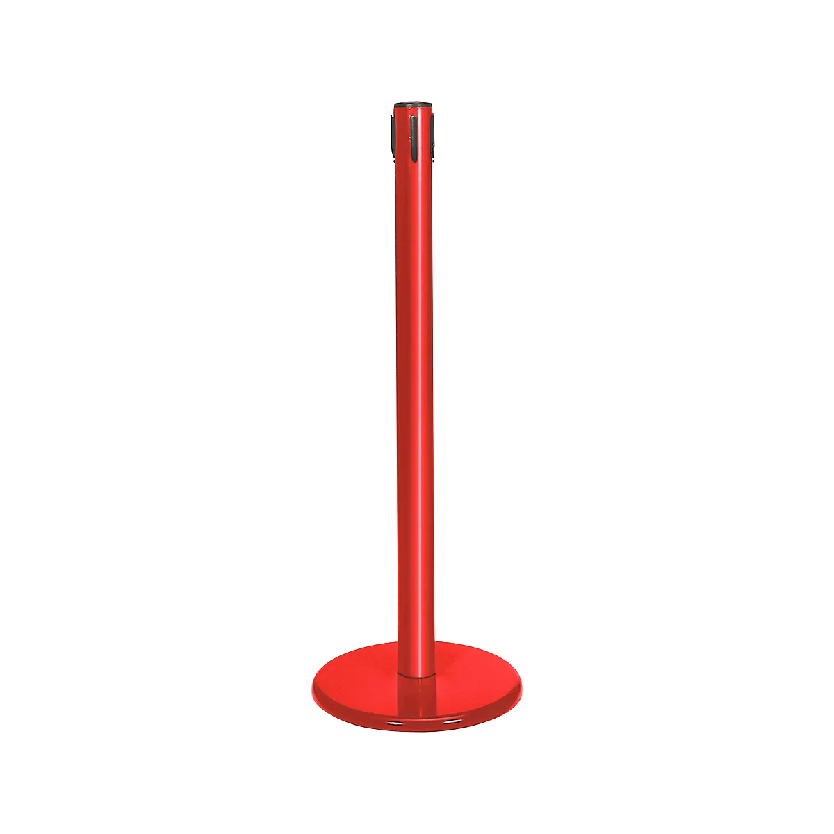 Red stanchion. A red, cylindrical tube stands on a round foot. At the top are four recesses.