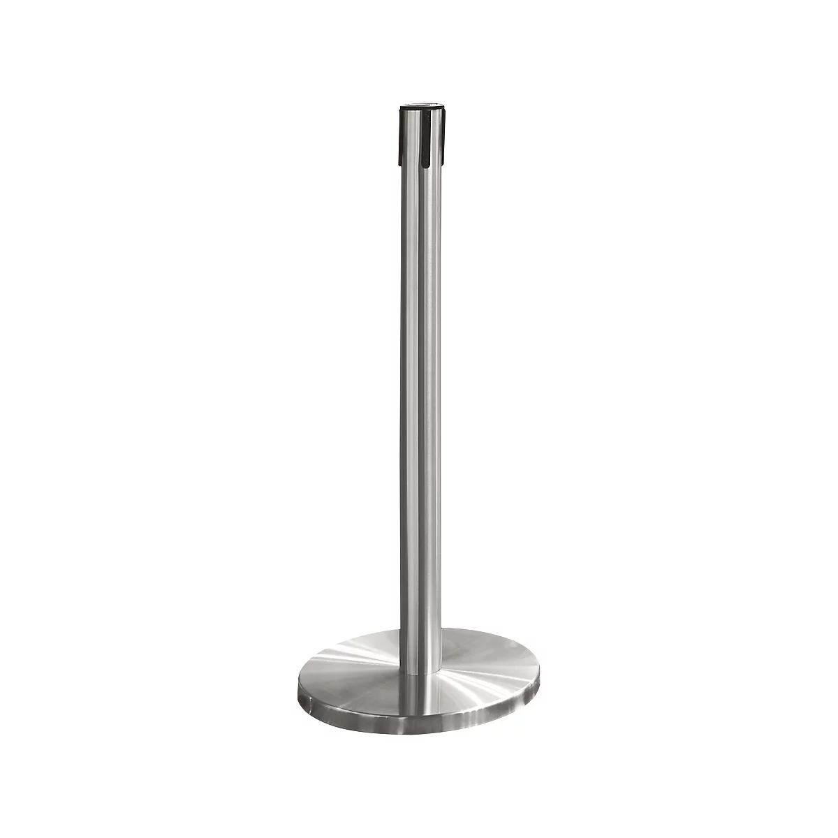 Metal barrier with a round base and a column. A black finish at the top.