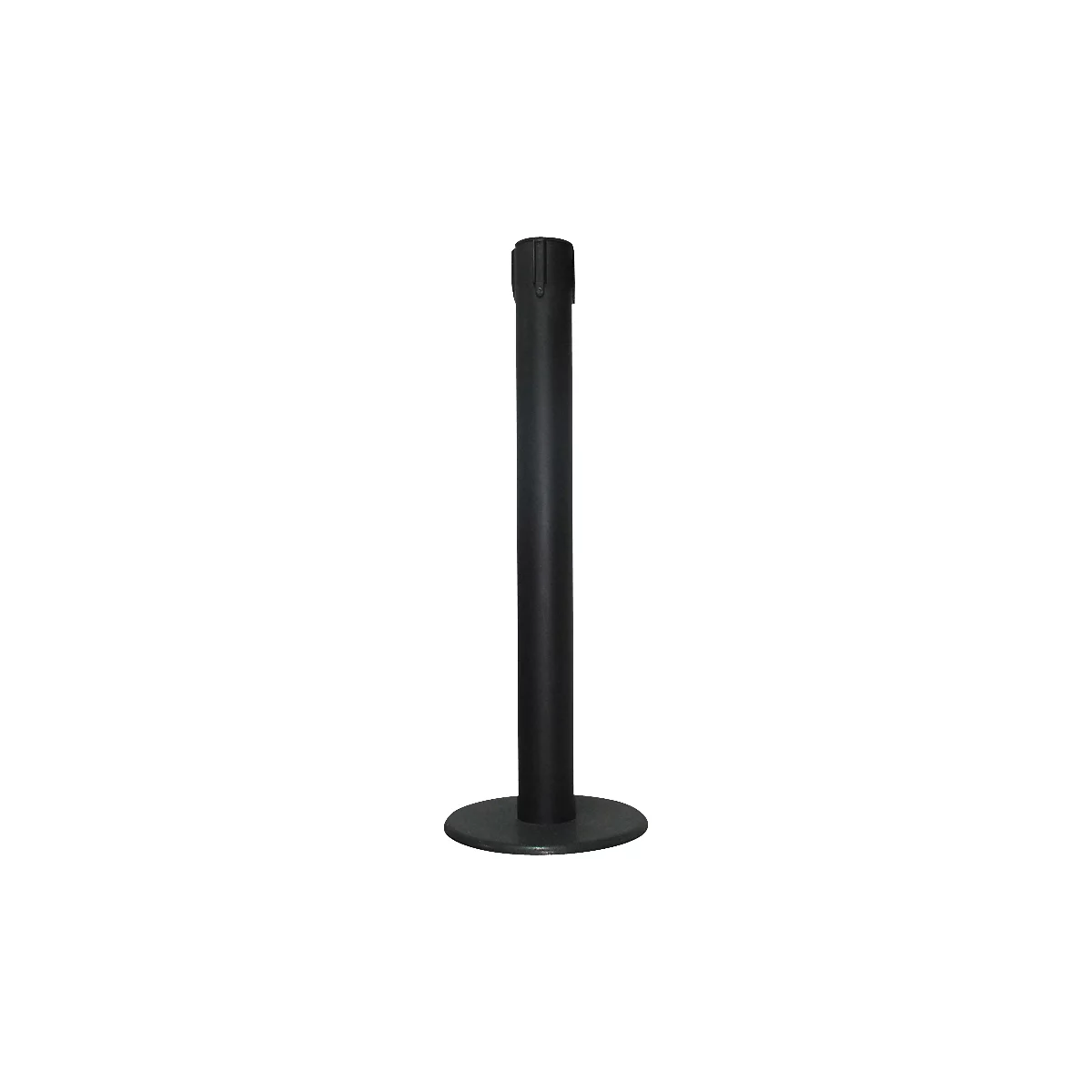 Black stanchion with round base and cylinder, used to delimit areas.