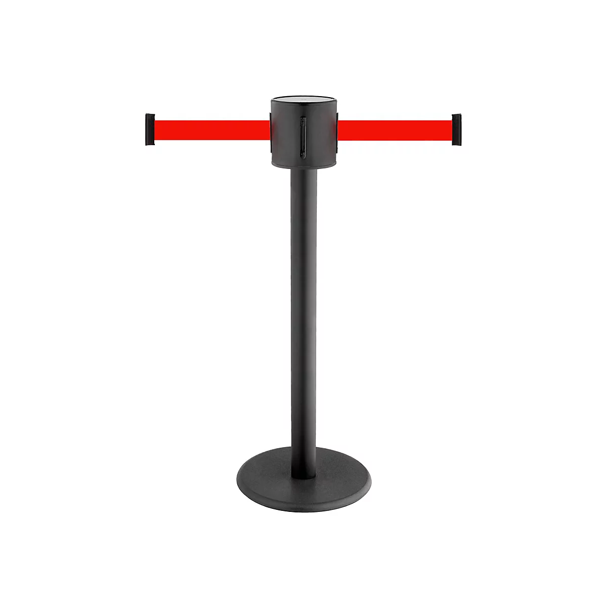 Black barrier post with red strap, metal base, front view.