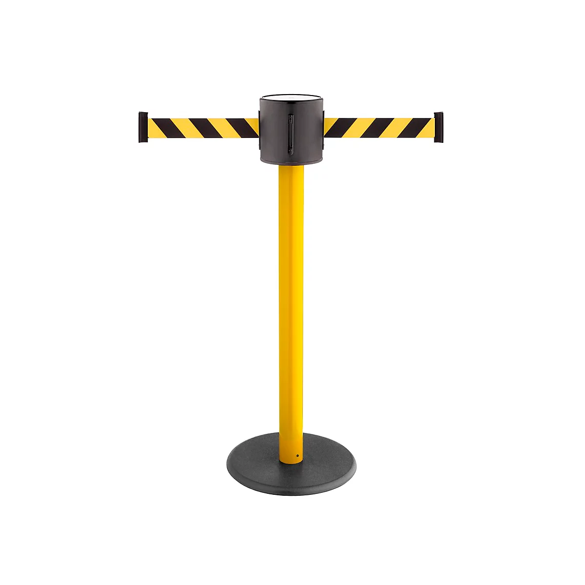 Yellow and black barrier tape, standing on a black base. Bollard has a black head.