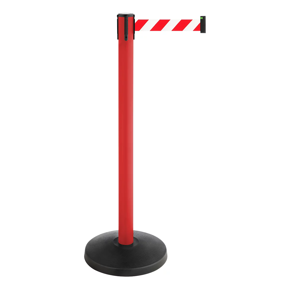 Red barrier post with white and red striped belt. Black base.