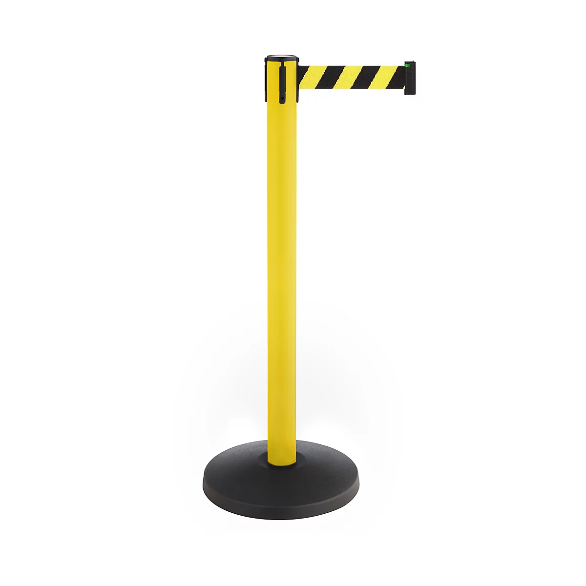 Yellow and black barrier post with retractable belt. Black base and head, yellow column. The belt has diagonal stripes.