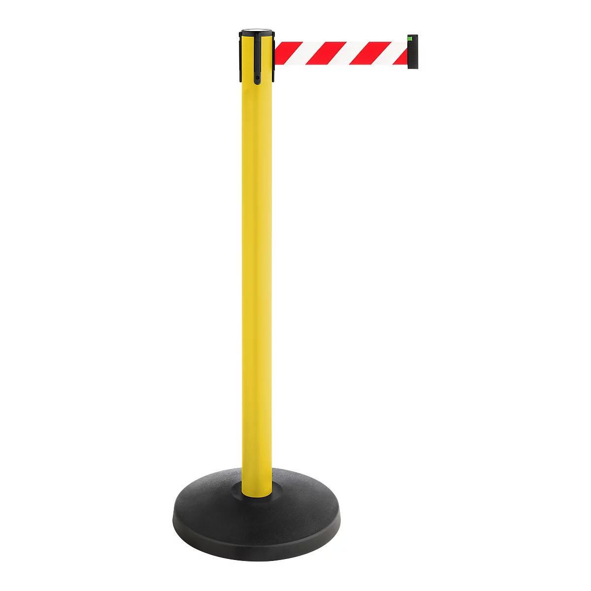 Yellow and black barrier posts with red and white striped belt. On black, round base.