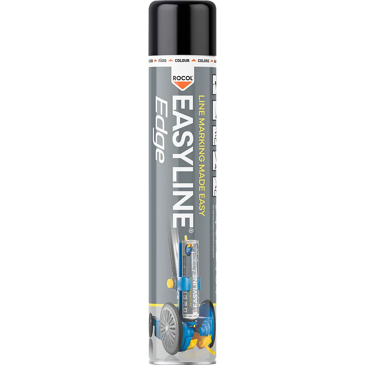 Een EASYLINE Edge bus met tekst en een afbeelding van een blauwe markeringsmachine, zwarte deksel.