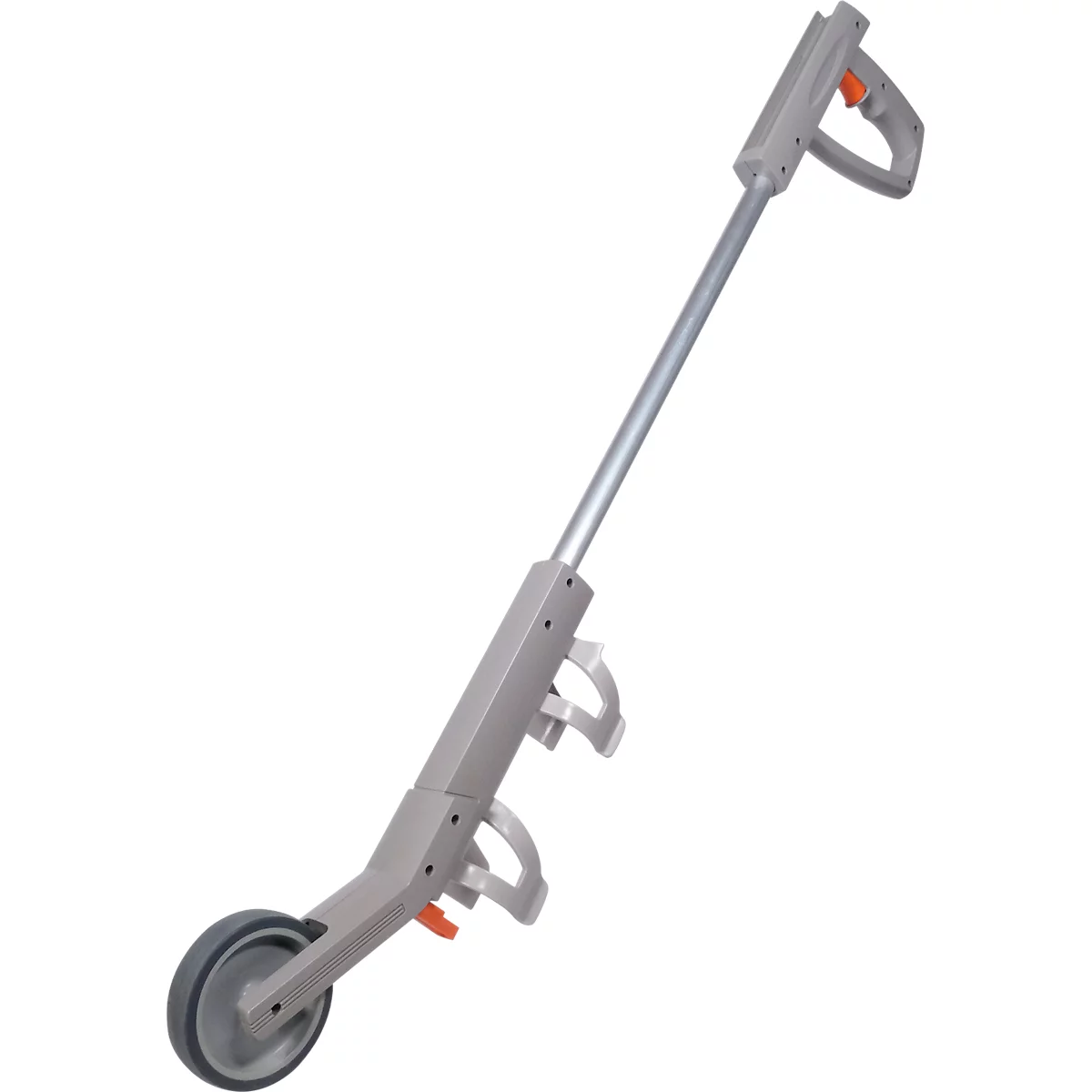 Grauer Reinigungshelfer mit Rad, Griff und orangefarbenem Hebel.