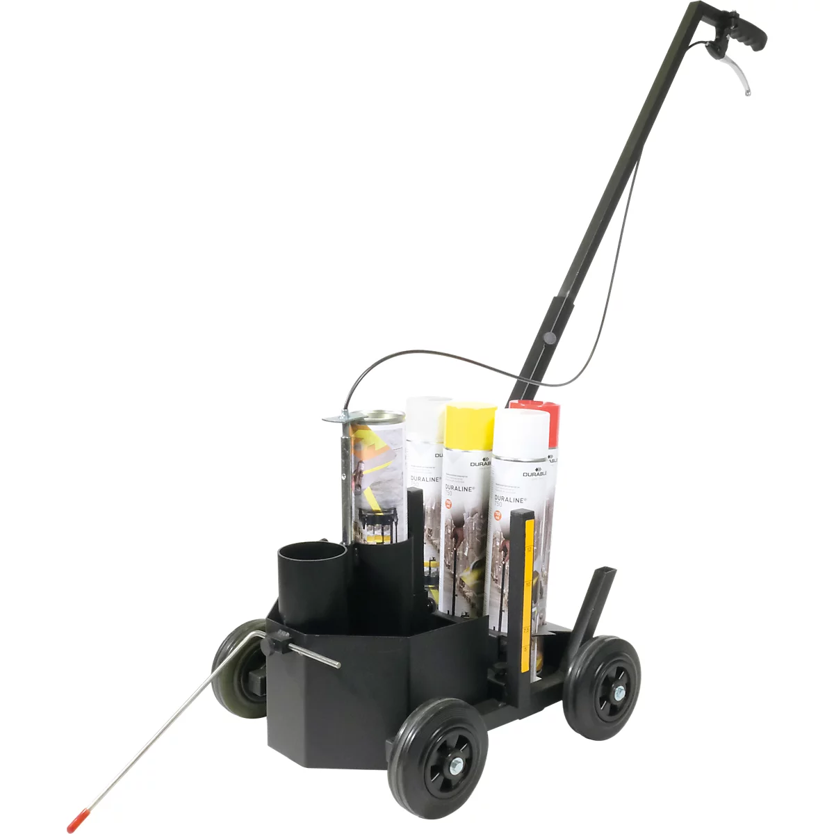 Schwarzer Markierungswagen mit Sprühdosen. Ein langer Griff mit Bremshebel, vier Räder und eine Markierungsschiene.