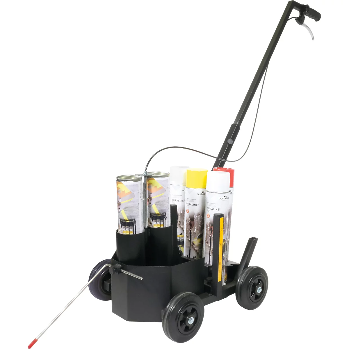 Schwarzer Markierungswagen mit Sprühdosen; langer Griff und vier Räder.