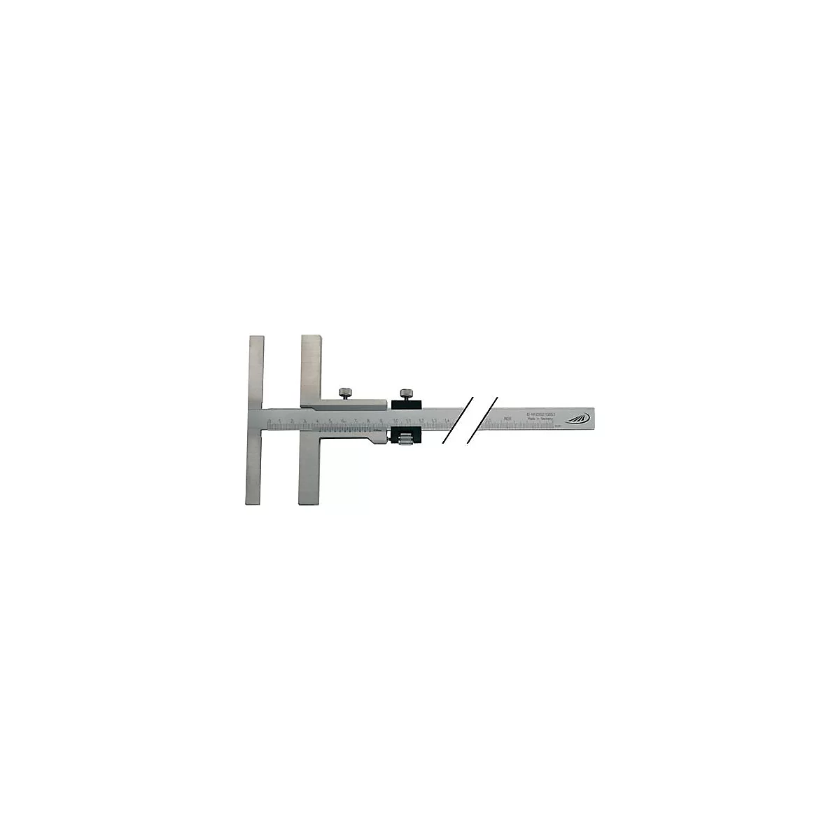 A silver metal depth gauge with scale and adjustment wheels. The gauge is designed for depth measurement.