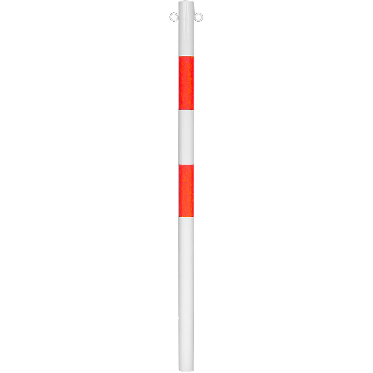 White post with two red stripes, chain at the top.