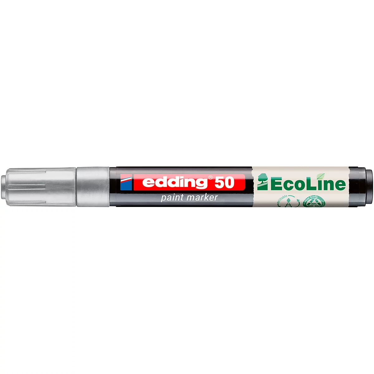 Un marqueur de peinture argenté Edding 50 Ecoline. Inscriptions : Edding 50, paint marker, Ecoline.