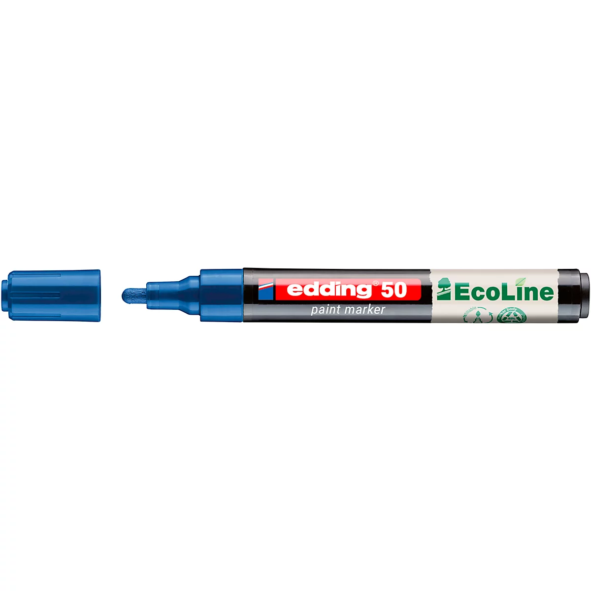 Marqueur de peinture bleu Edding 50 Ecoline avec bouchon retiré.