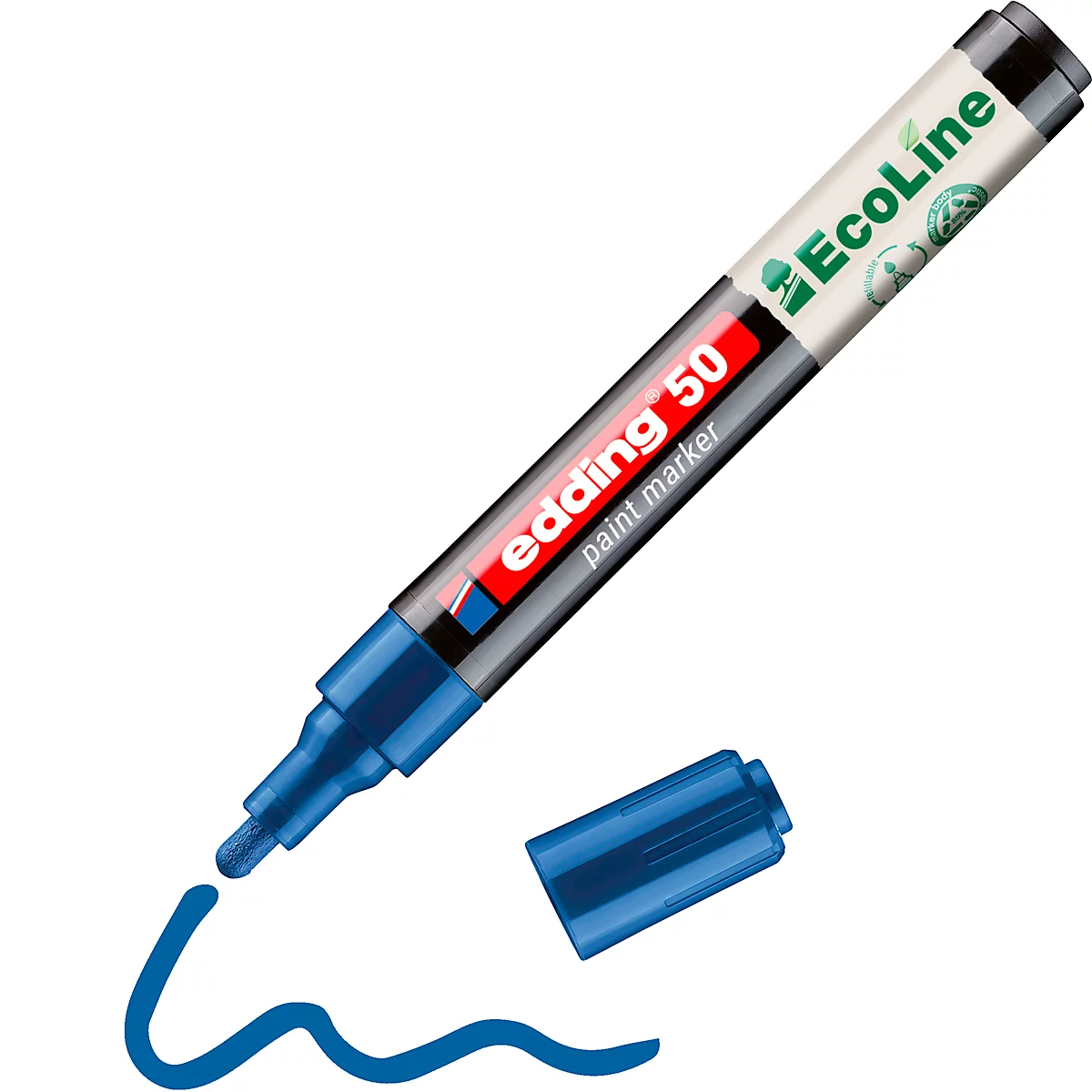 Marqueur Edding bleu avec bouchon ouvert et une trace d'encre bleue.