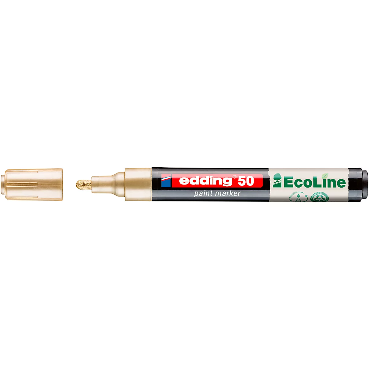 Un marqueur de peinture Edding doré avec un capuchon ouvert. Sur le stylo, on peut lire "edding 50 paint marker" et "EcoLine".