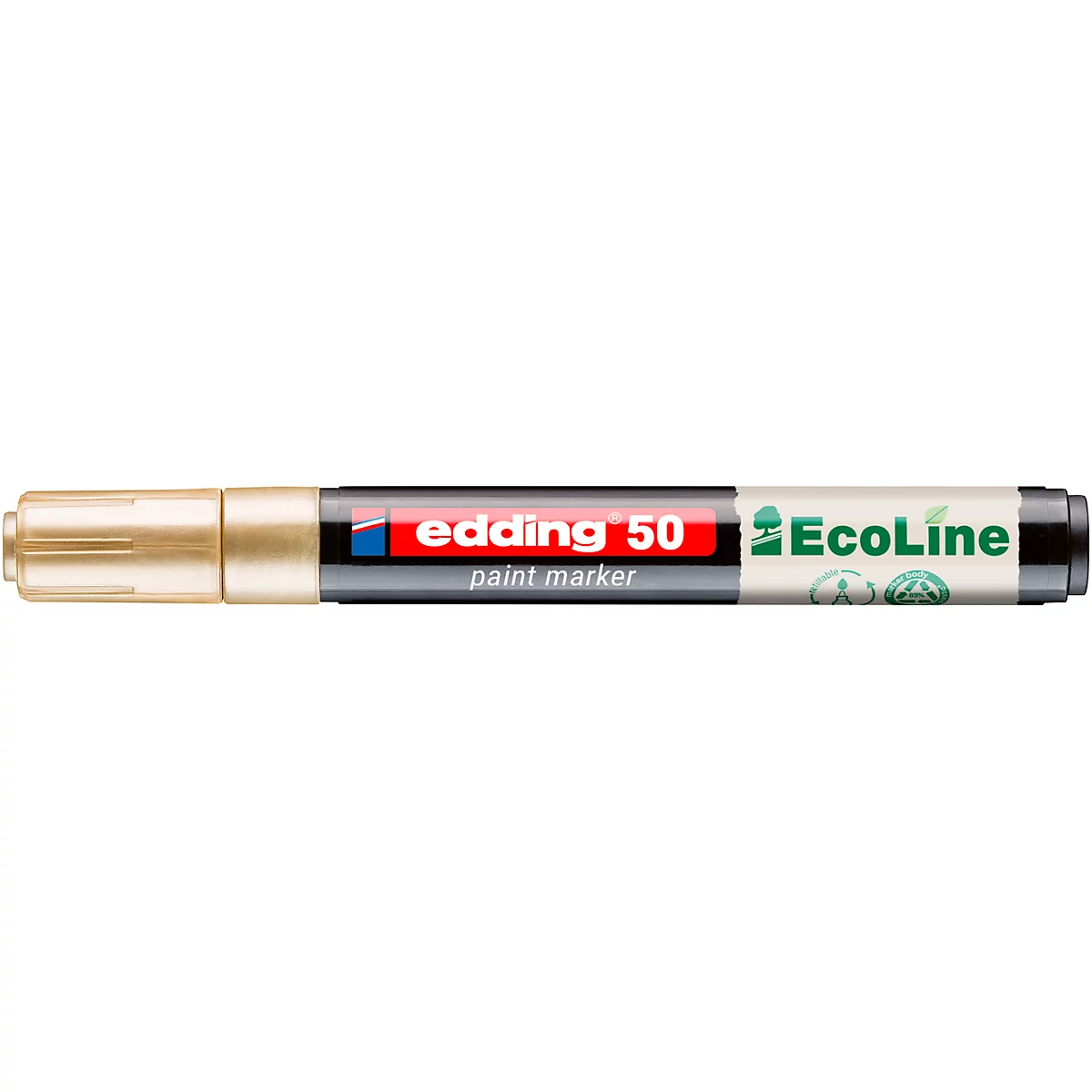 Un marqueur de peinture Edding 50 de couleur or. Le stylo porte la mention "edding 50 paint marker" et "EcoLine".