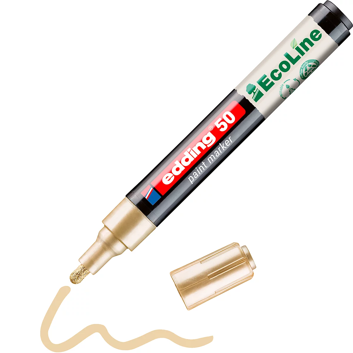 Un marqueur de peinture Edding de couleur or, avec le capuchon ouvert et un trait de couleur or en dessous. Le stylo indique 'edding 50 paint marker'.