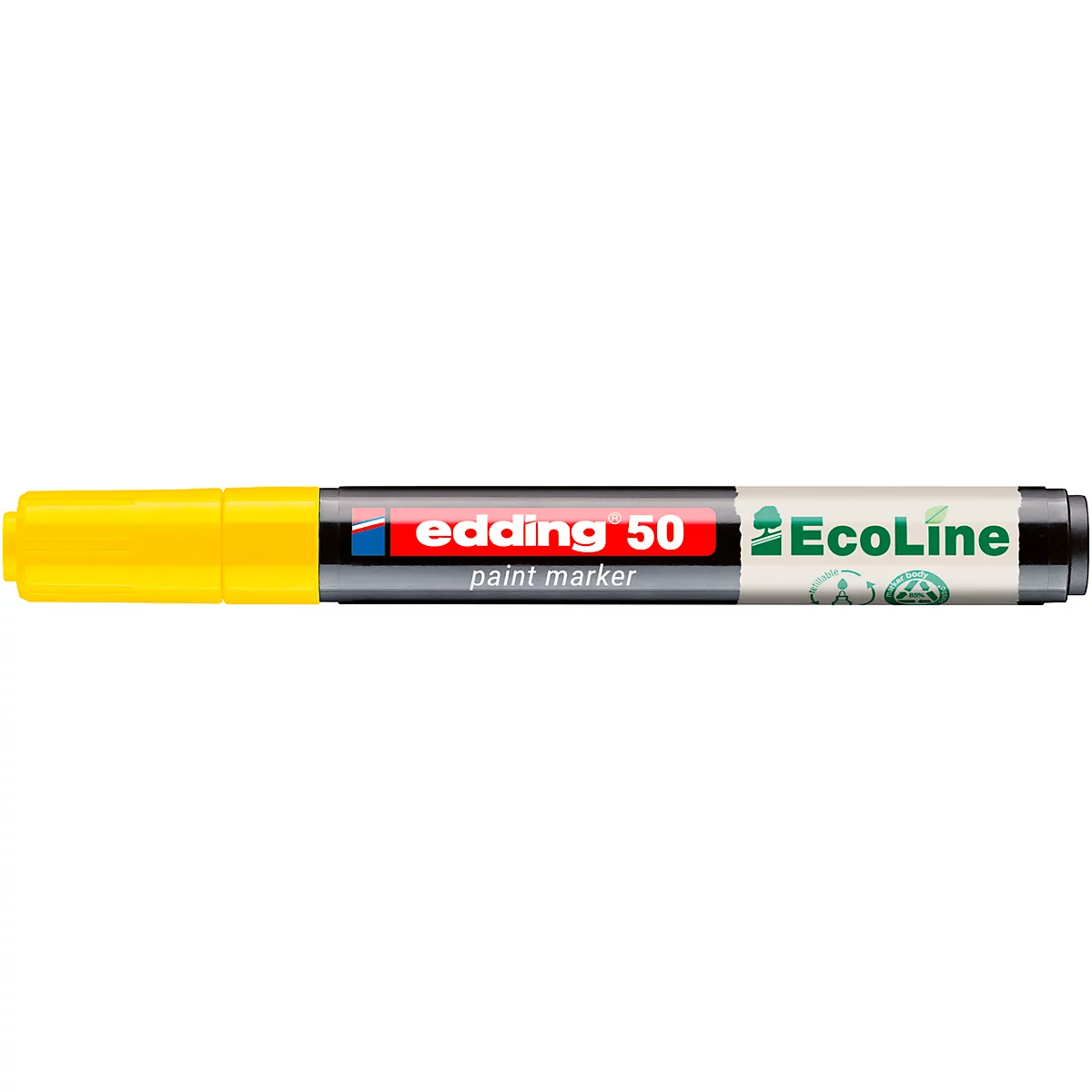 Marqueur de peinture Edding 50 jaune avec bouchon noir, logo et lettrage.