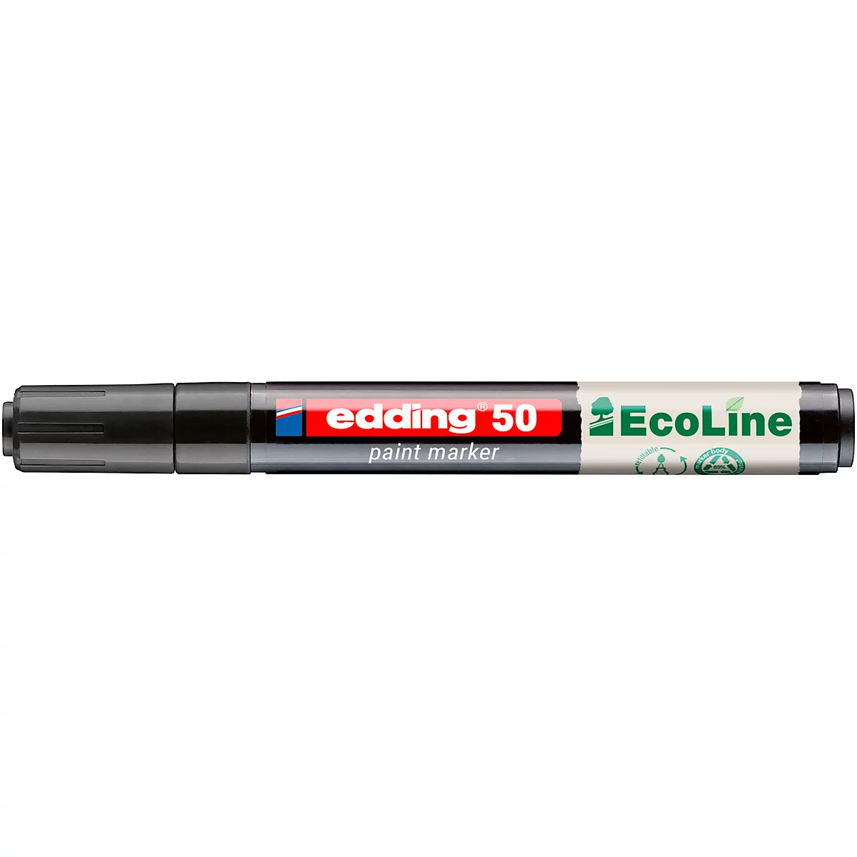 Marqueur de peinture Edding 50 noir, boîtier blanc avec lettrage rouge et bleu.